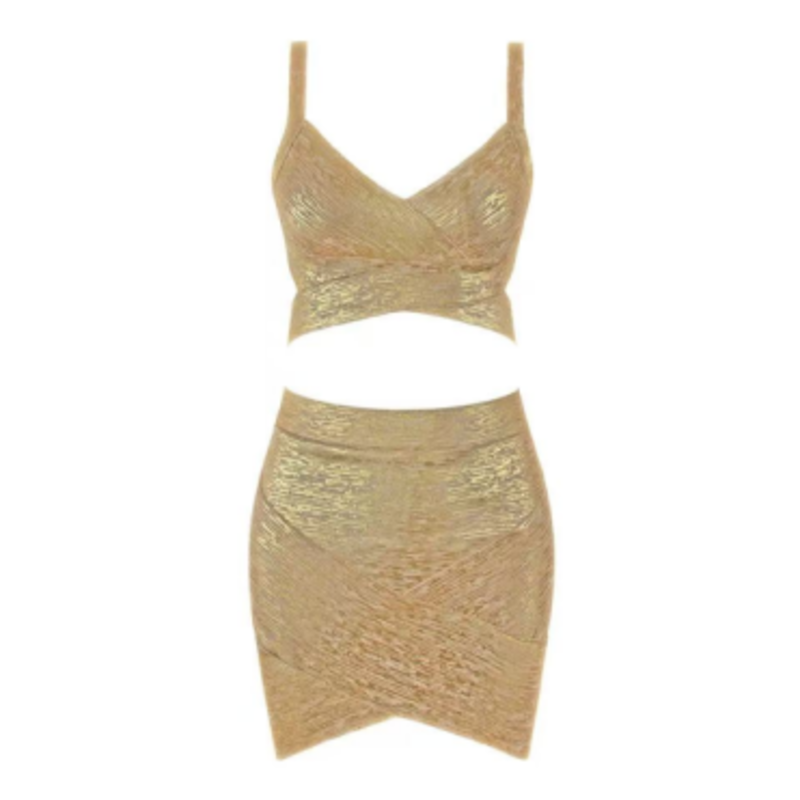 Camisola de malha estampada de ouro de verão, conjunto de saia de chapas de quadril
