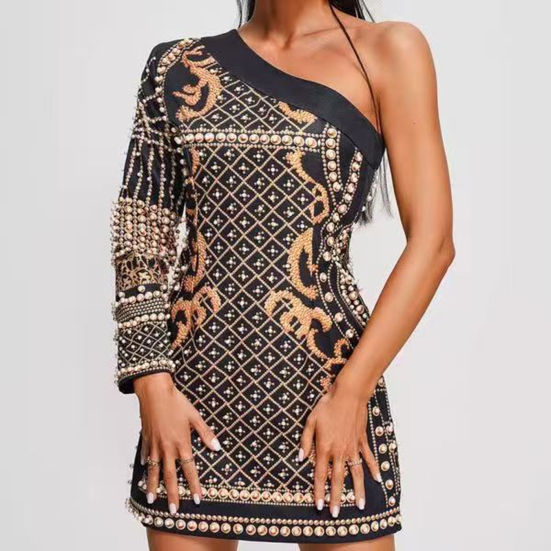 Summer Jacquard Knit Slant ombro Manga longa, vestidos finos com miçangas